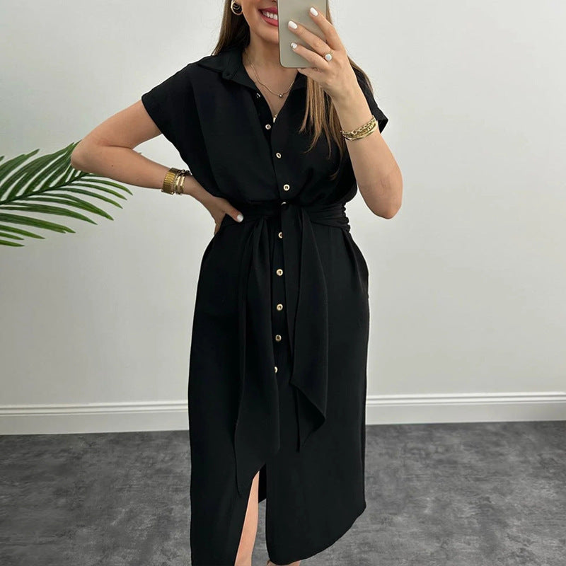 Women's Solid Color Polo Collar Single-breasted Sleeve Shorts