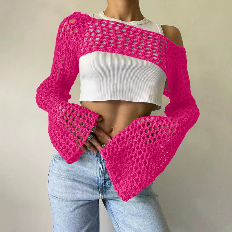 Women's Crochet Casual Bell Sleeve Sexy Mesh Women's Sweater