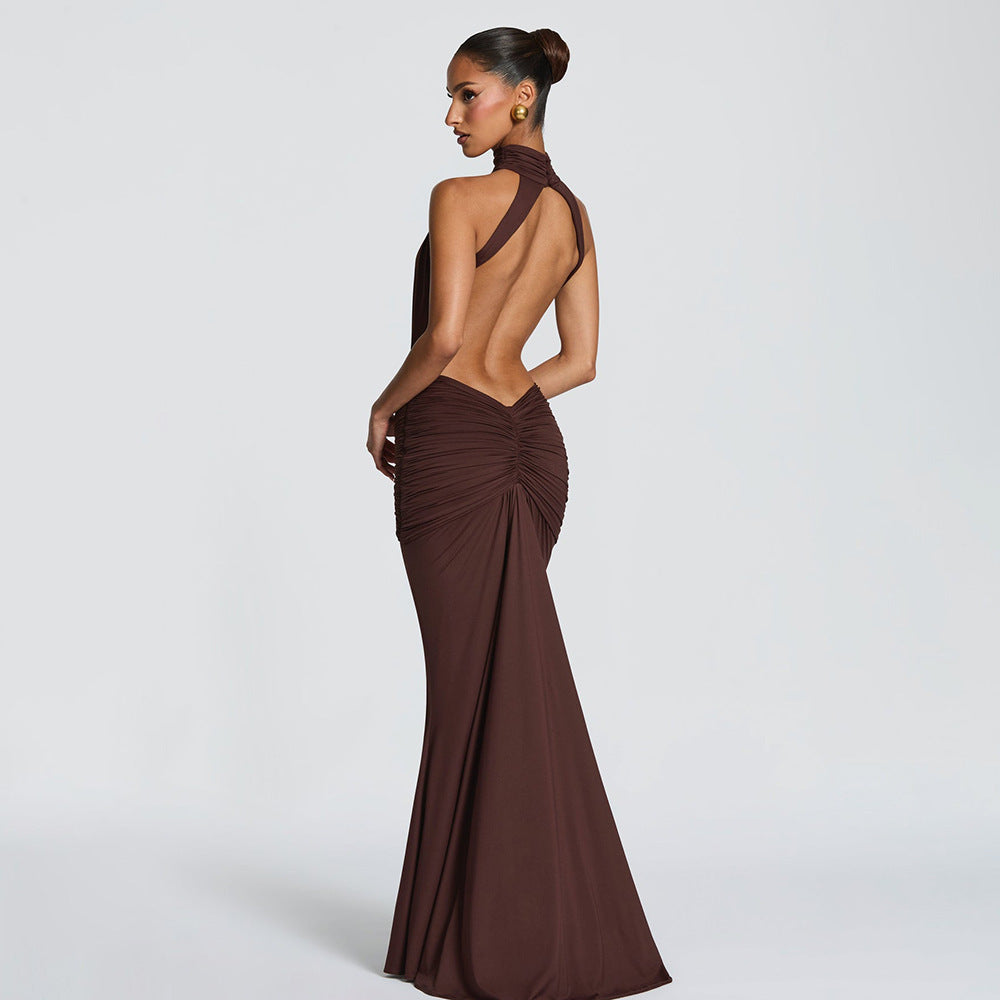 Women's Temperament Pure Color Banquet Long Sexy Backless Slim Fit Dress