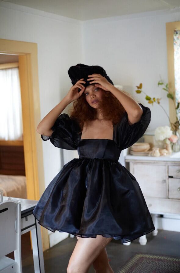 Organza Vintage Print Puff Sleeve Princess Dresses