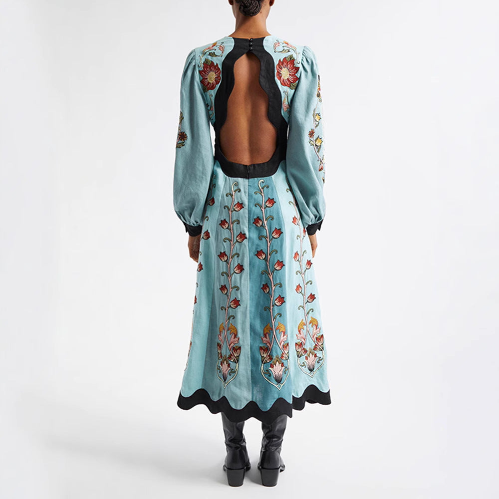 Printed Hollow Backless Dress Long Lantern Dresses