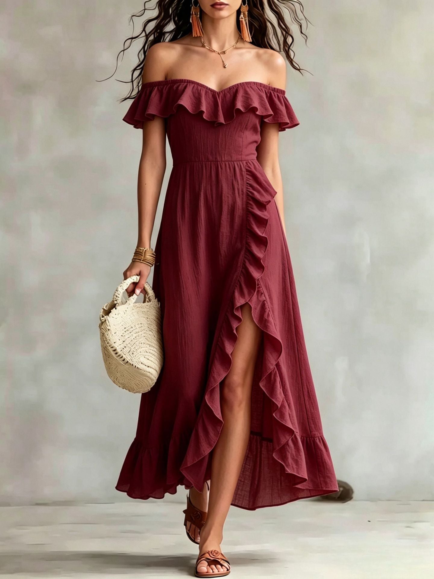 Women's Summer Collar Sleeveless Pink Ruffled Split Dress