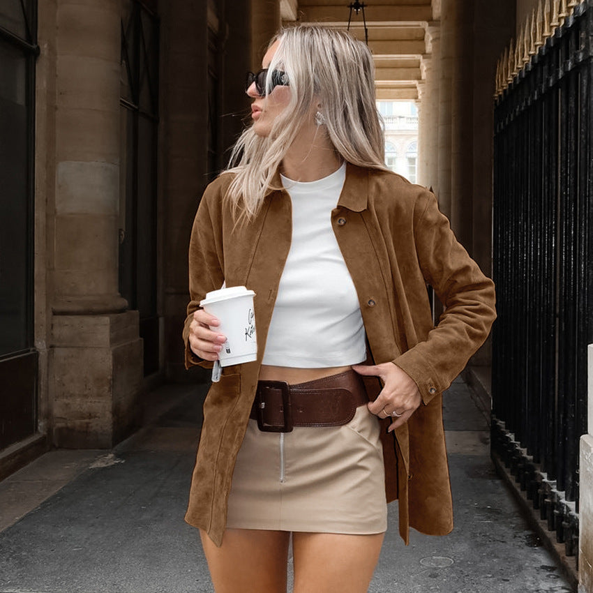 Women's Suede Autumn Fashion Loose Design Lapel Coats
