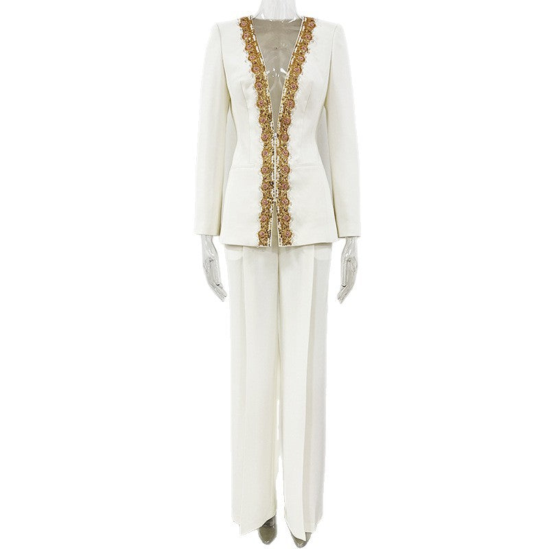 Fashion Embroidered Sequin Bead Diamond Trousers Suits