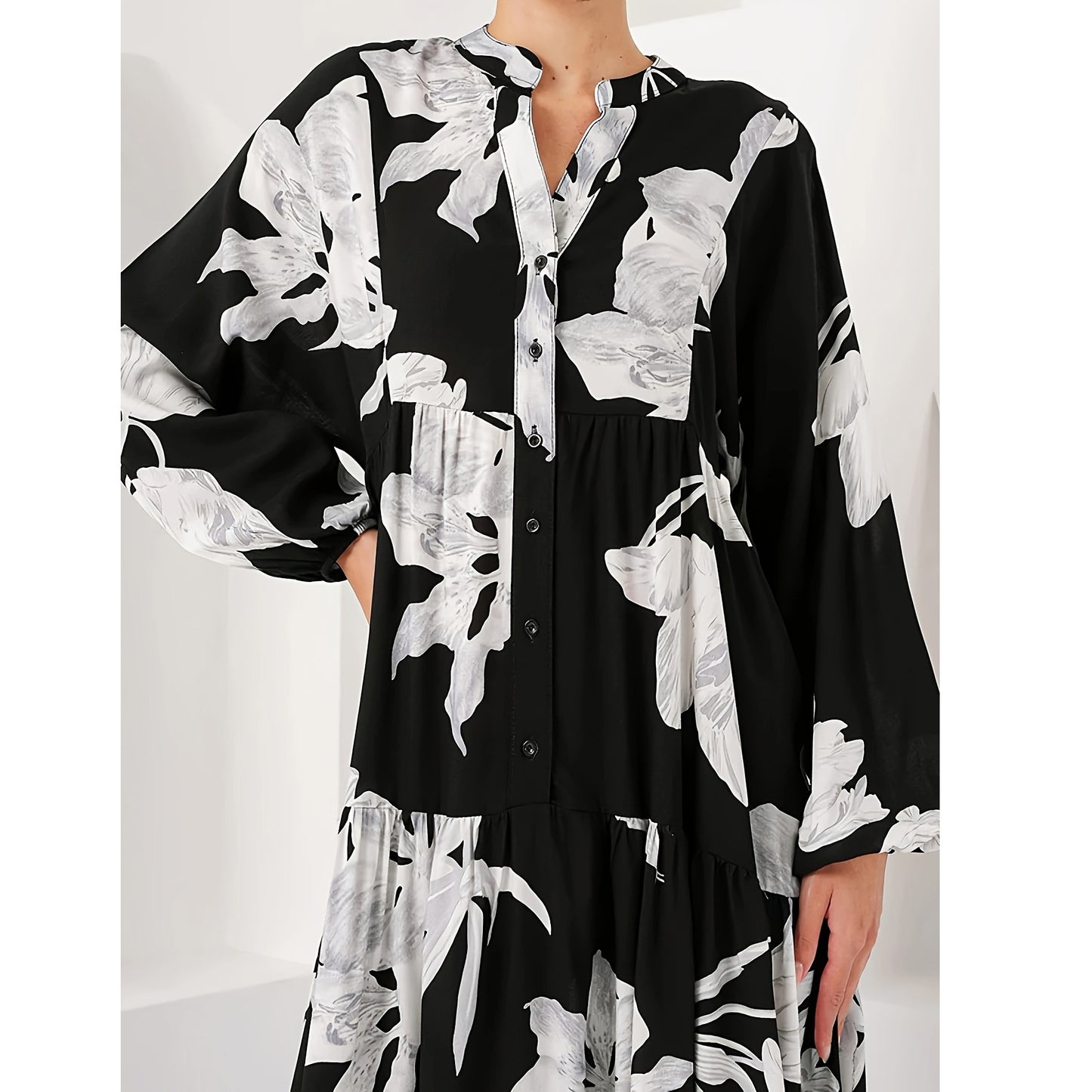 Graceful Noble Robe Flower Long Shirt Dress