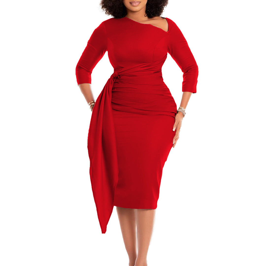 Women's Pleated Bandage Solid Color Sheath Business Temperament Plus Size