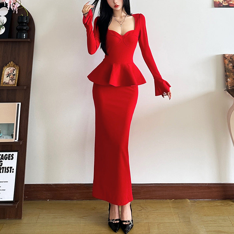 Women's Pure Color Ruffles Waist Decoration Long Dresses