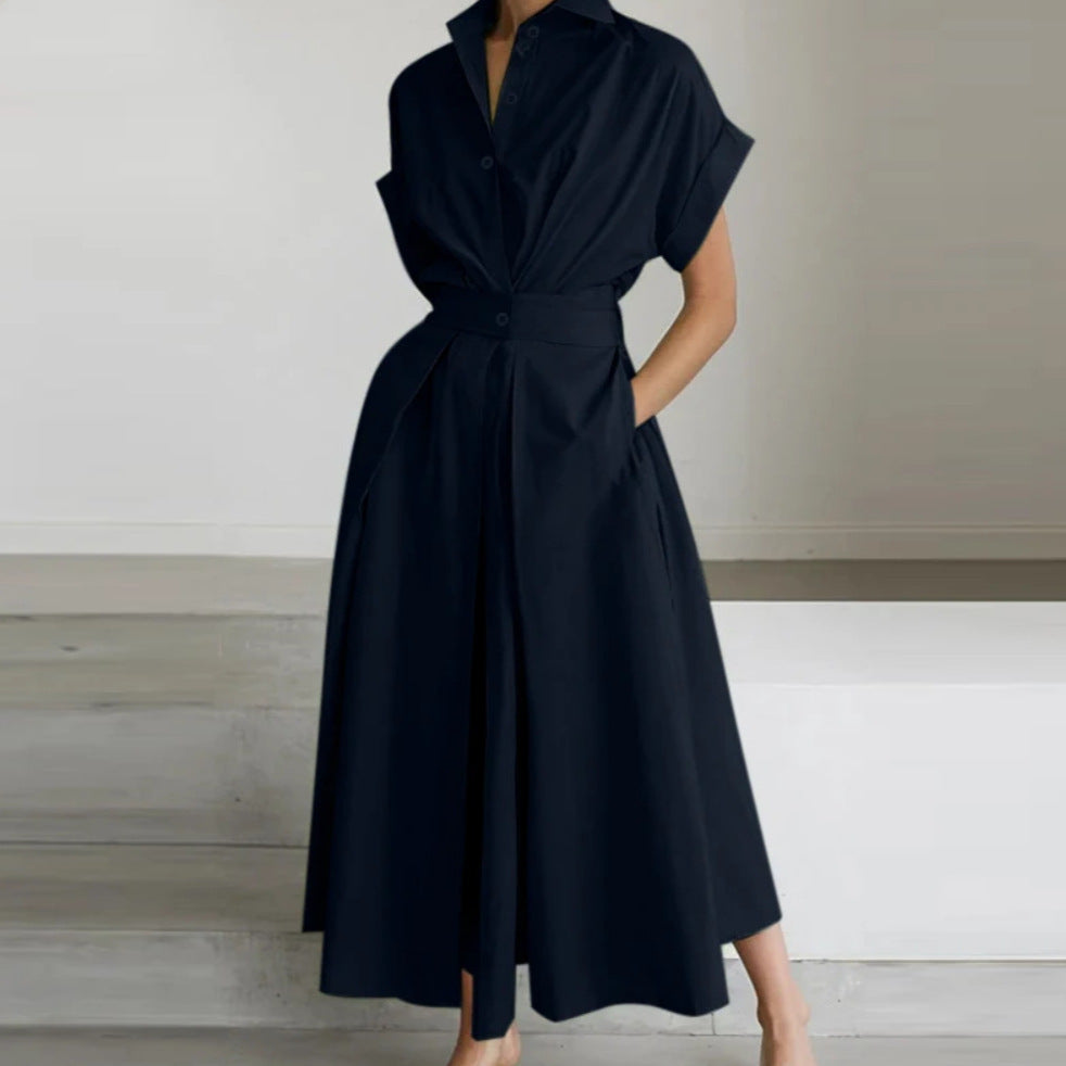 Solid Color Cotton Linen Elastic High Dress