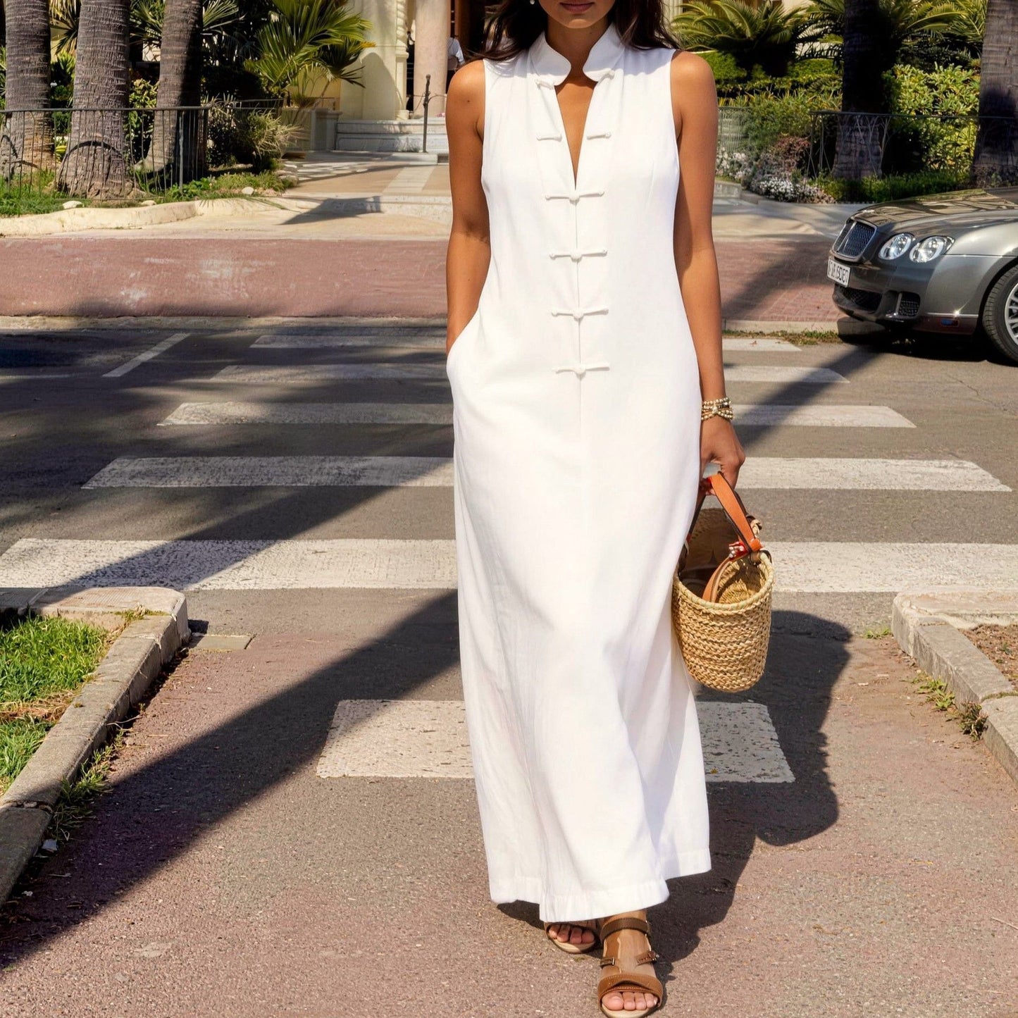 Stand Collar Frog Buckle Loose Linen Dress