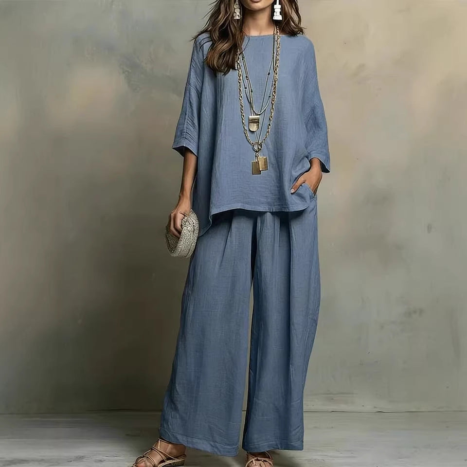 Women's Simple Loose Cotton Linen Blended Shirt Pants