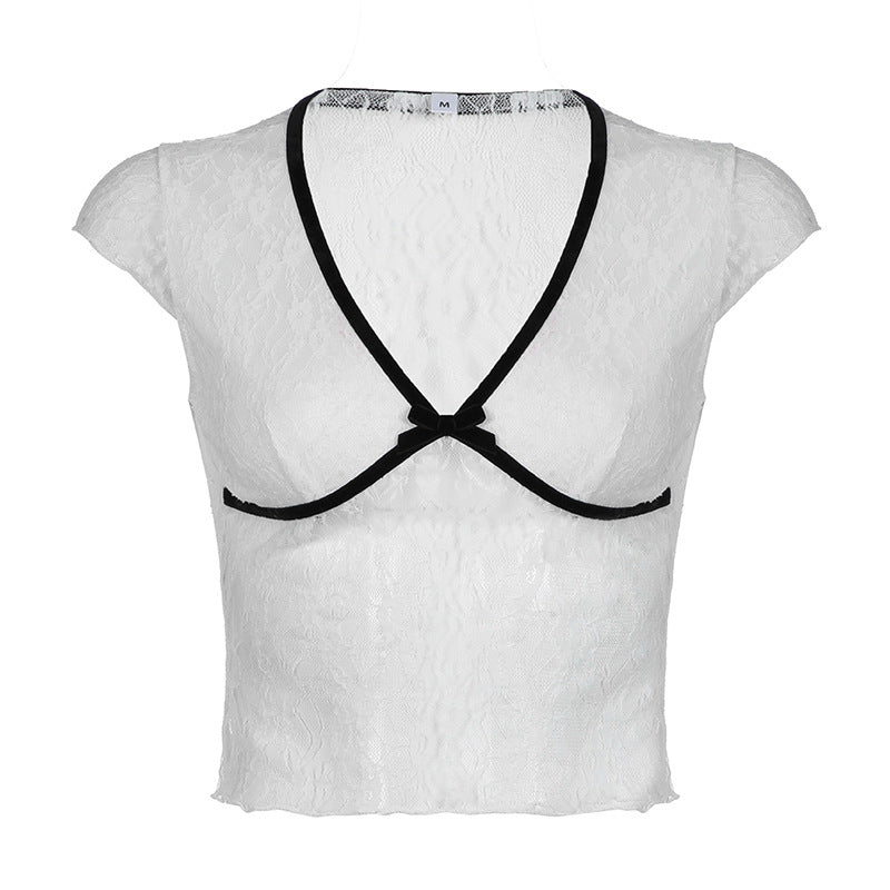French Style Deep Contrast Color Bow Blouses