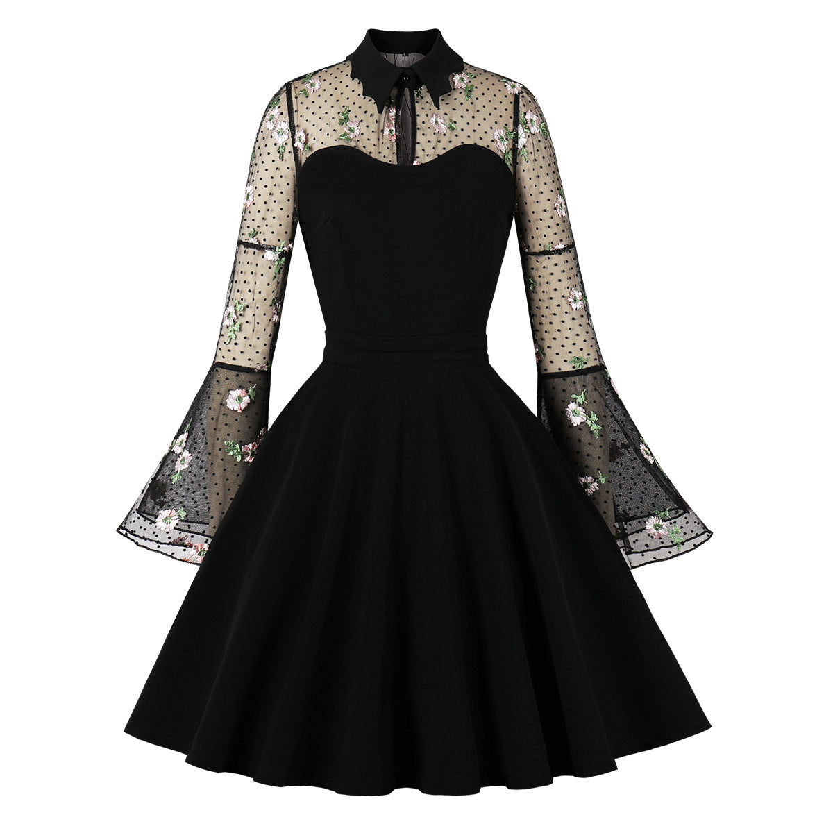Women's Black Sleeve Mesh Embroidered Bell Patchwork Dresses