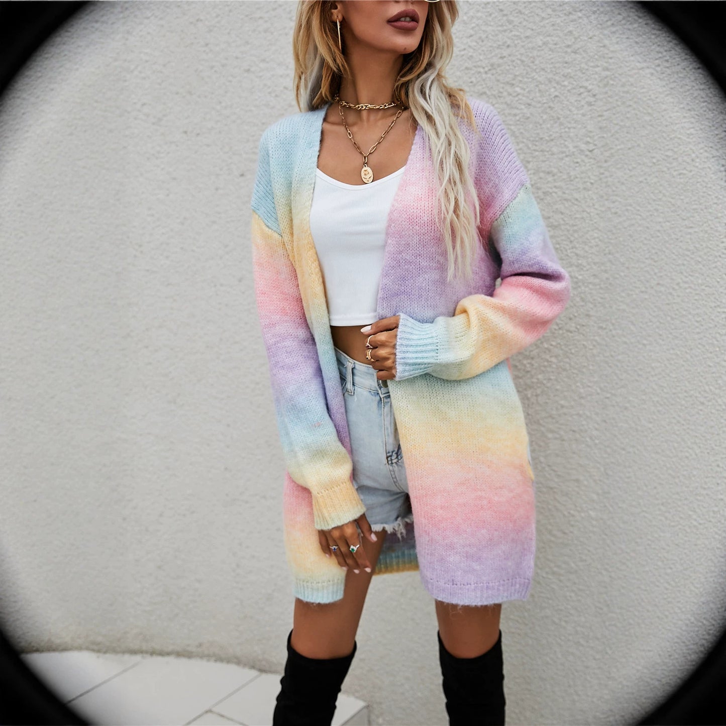 Pretty Women's Winter Rainbow Mid-length Loose Sweater