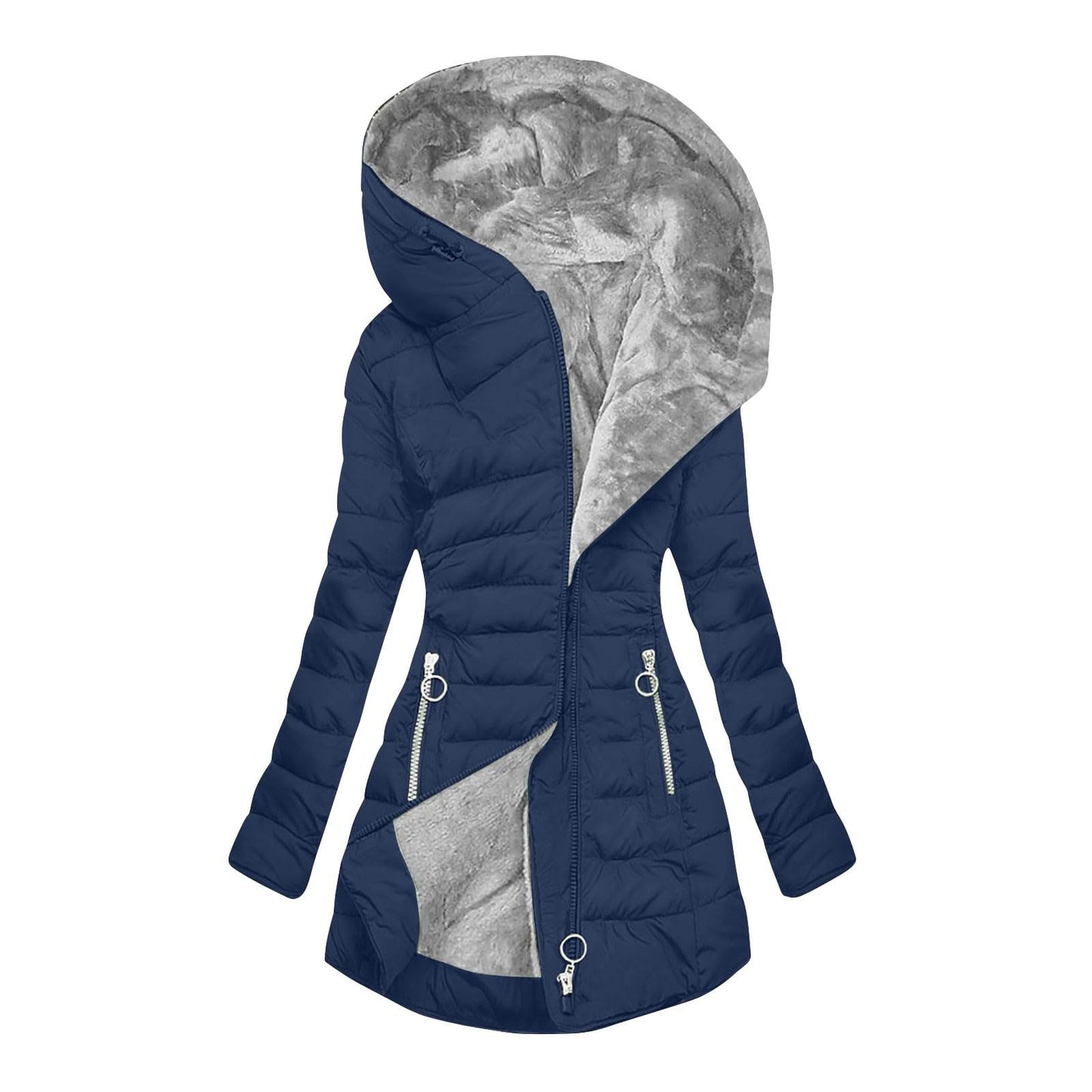 Women's Plush Hooded Mid-length Oblique Zipper Coats