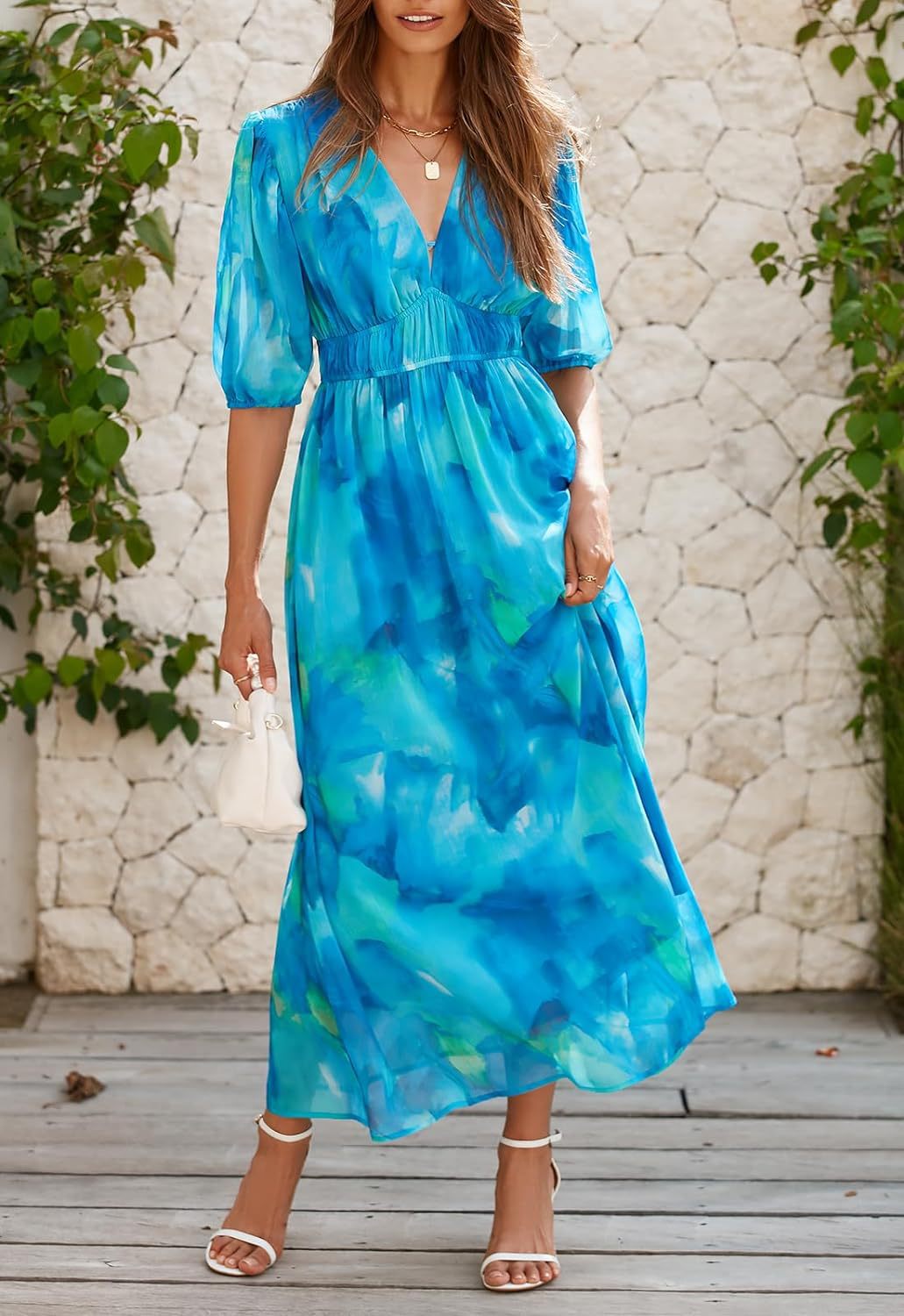 Women's Bohemian Floral Mid-length Dress Pleating Beach Dresses