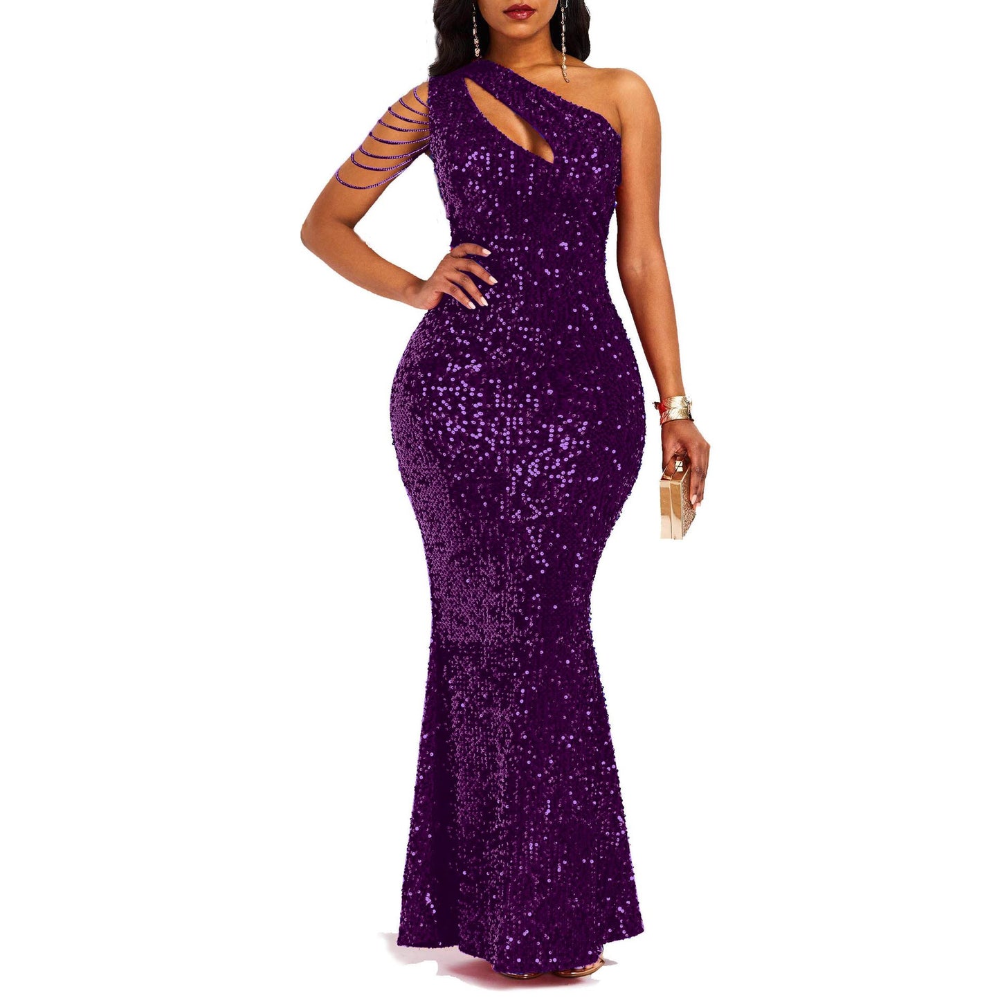 Fashion Sequin One Shoulder Solid Color Backless Fishtail Dresses