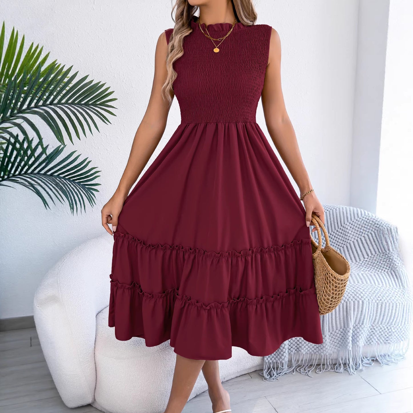 Women's Casual Sleeveless Smocking Wooden Ear Large Clothing