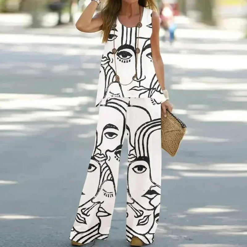 Women's Summer Printed Sleeveless Elastic High Waist Fashion Casual Suit