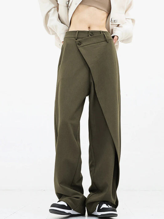 Women's Irregular Trousers Asymmetric Laminated Button Loose Pants