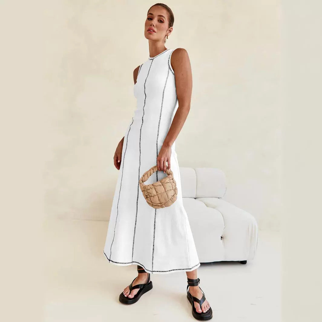 Women's Knitted Long Dress Round Neck Sleeveless Dresses