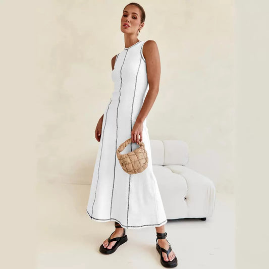 Women's Knitted Long Dress Round Neck Sleeveless Dresses
