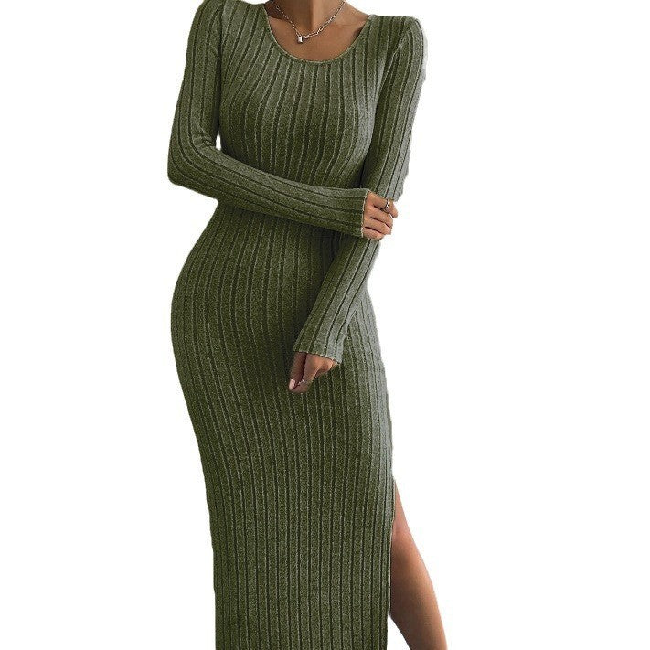 Women's Sunken Stripe Brushed Pure Color Split Dress