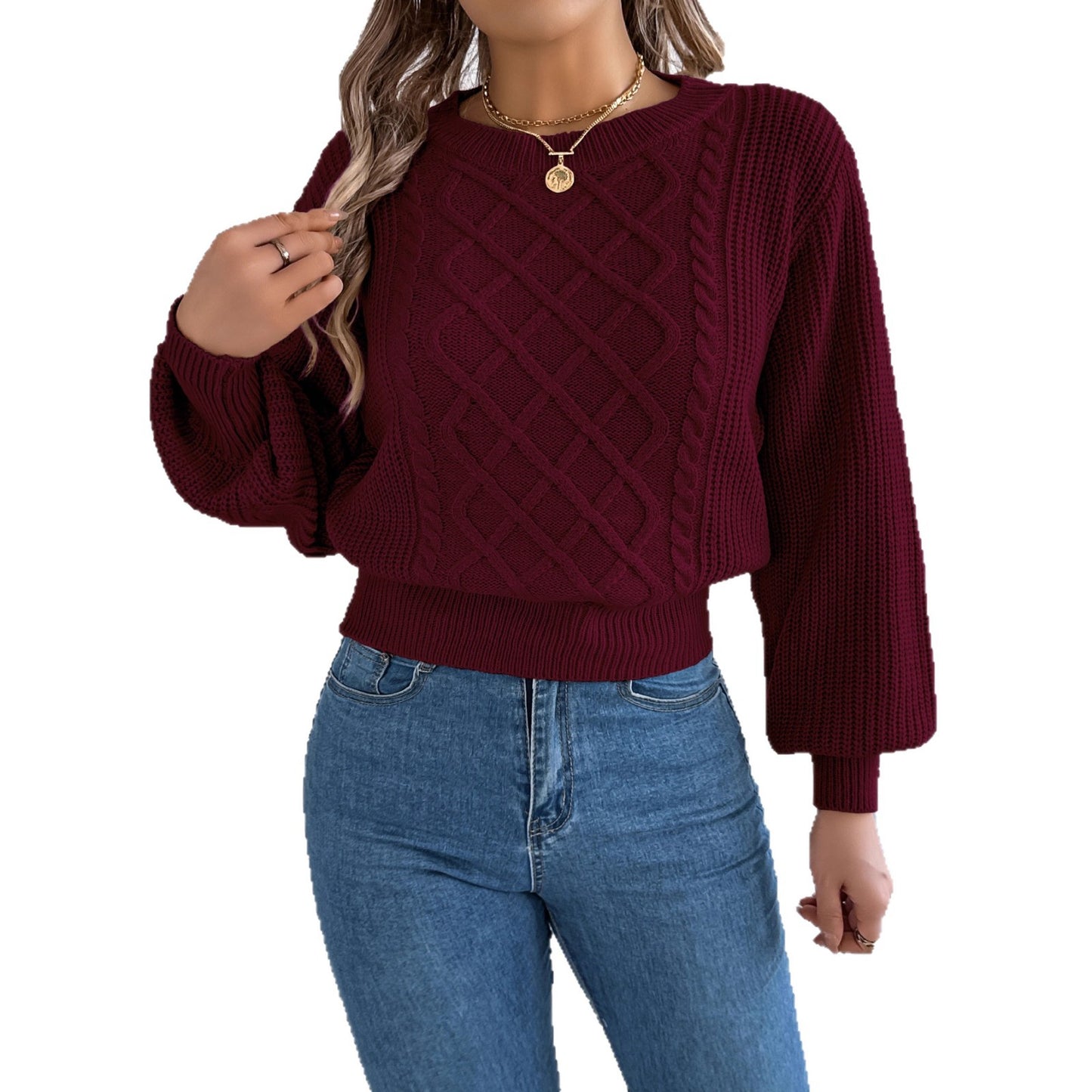 Women's Solid Color Twist Lantern Long Sleeve Sweater