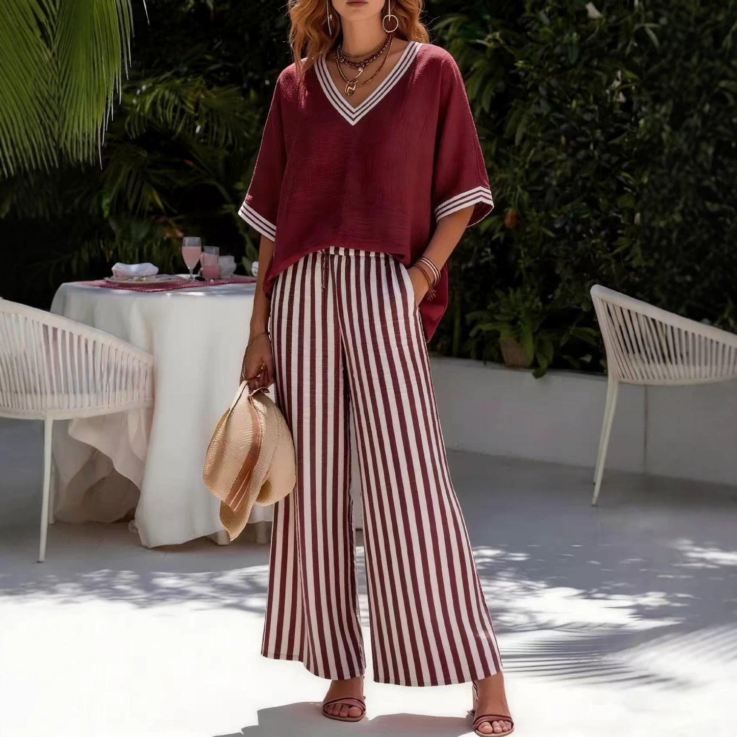 Women's Summer Cotton Linen Loose Sleeve Striped Two Fashion Casual Suit