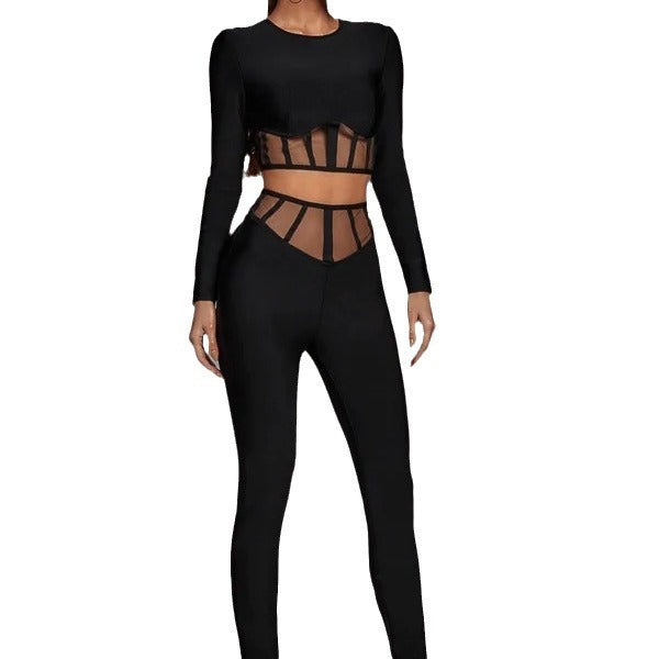 Black Long Sleeve Round Neck Two-piece Mesh Hollow Suits