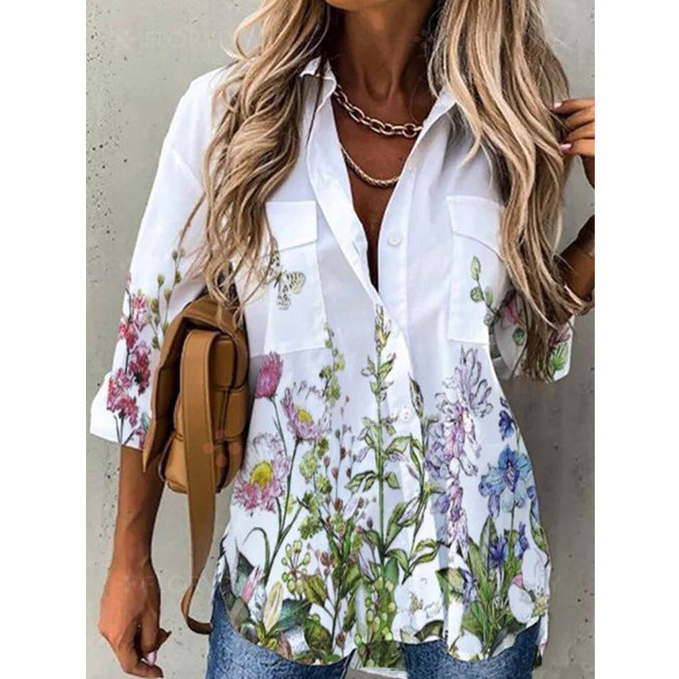 Women's Fashion Digital Printing Long Sleeve Shirt Blouses
