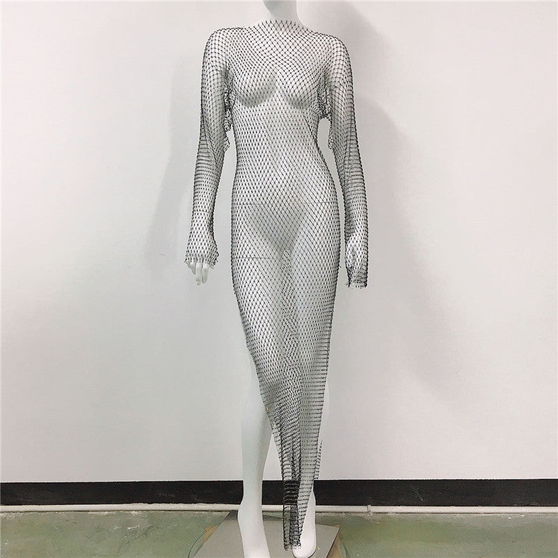 Women's Summer Fashion Diamond Round Neck Long Sleeve Fishnet Dresses