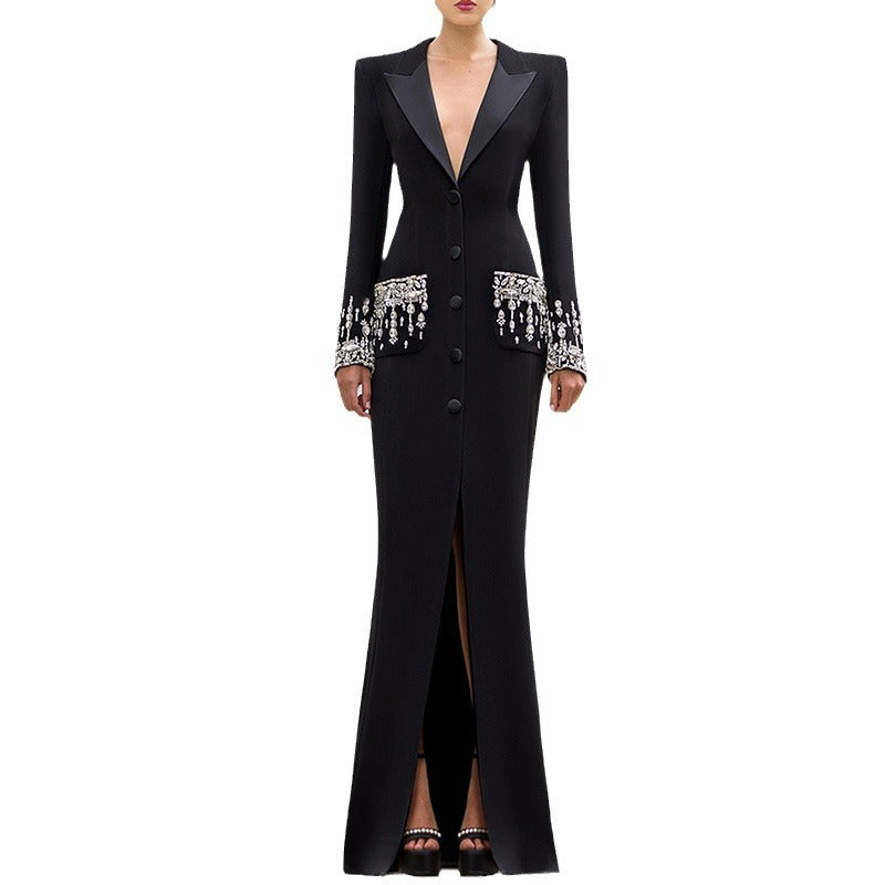 Fashion Bead Diamond Tailored Collar Long Dress