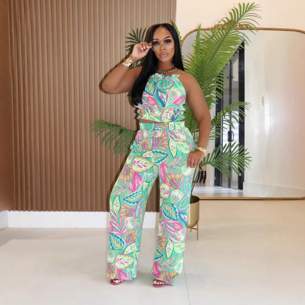 Women's Fashion Printing Turtleneck High Waist Trousers Suits