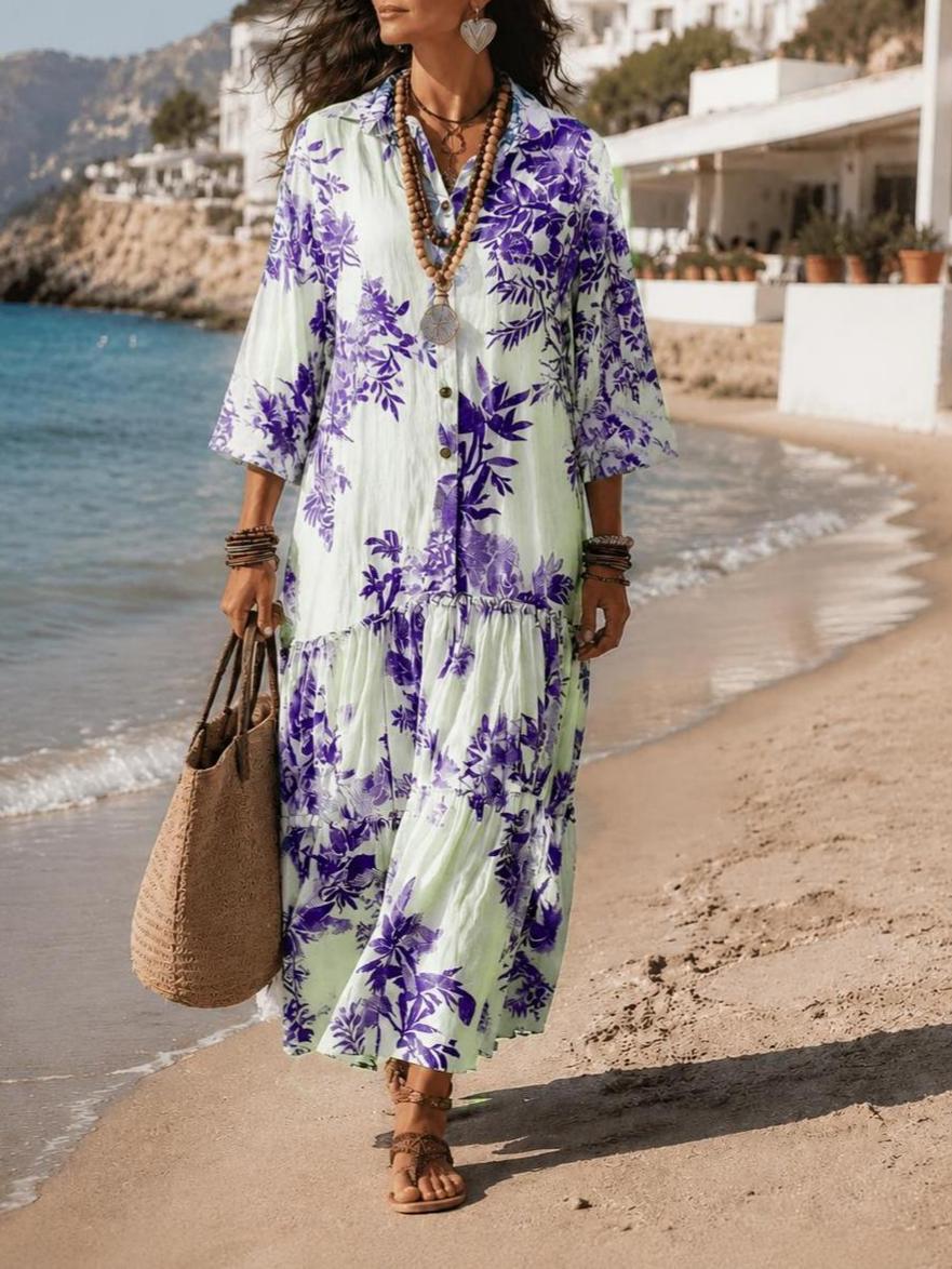 Plant Floral Print Long Sleeve Shirt Pleated Expansion For Dress