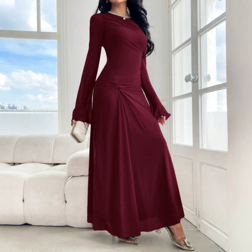 Flared Sleeves Tight Waist Pinch Pleated Slim Fit Solid Color Dress