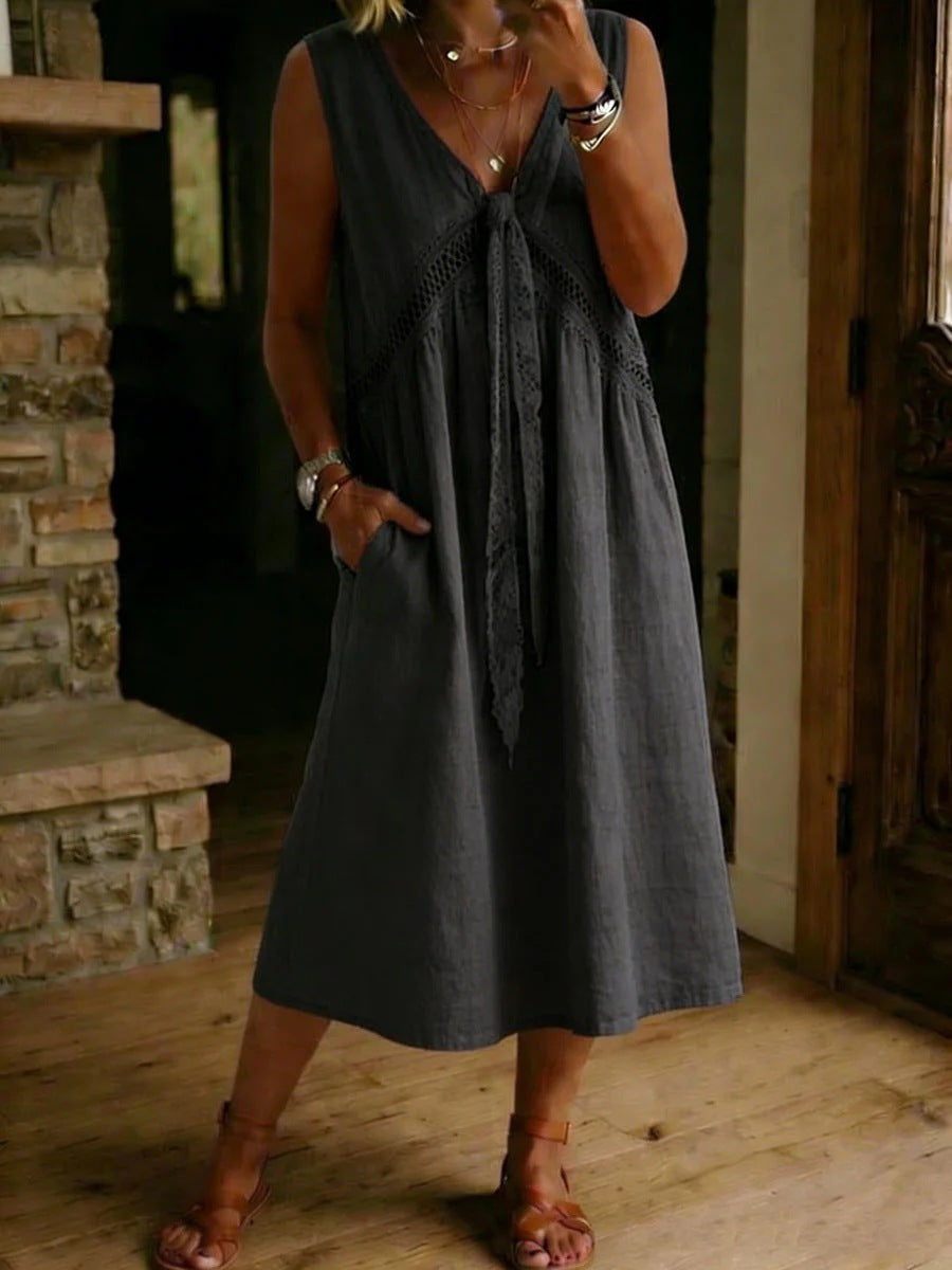 Women's Linen Pure Color Cotton Sleeveless Dress