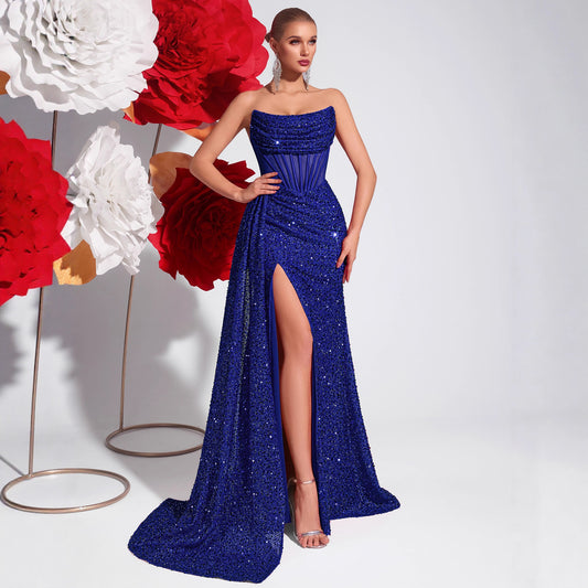 Sequined Bandeau Slimming High Slit Model Catwalk Banquet Light Dress