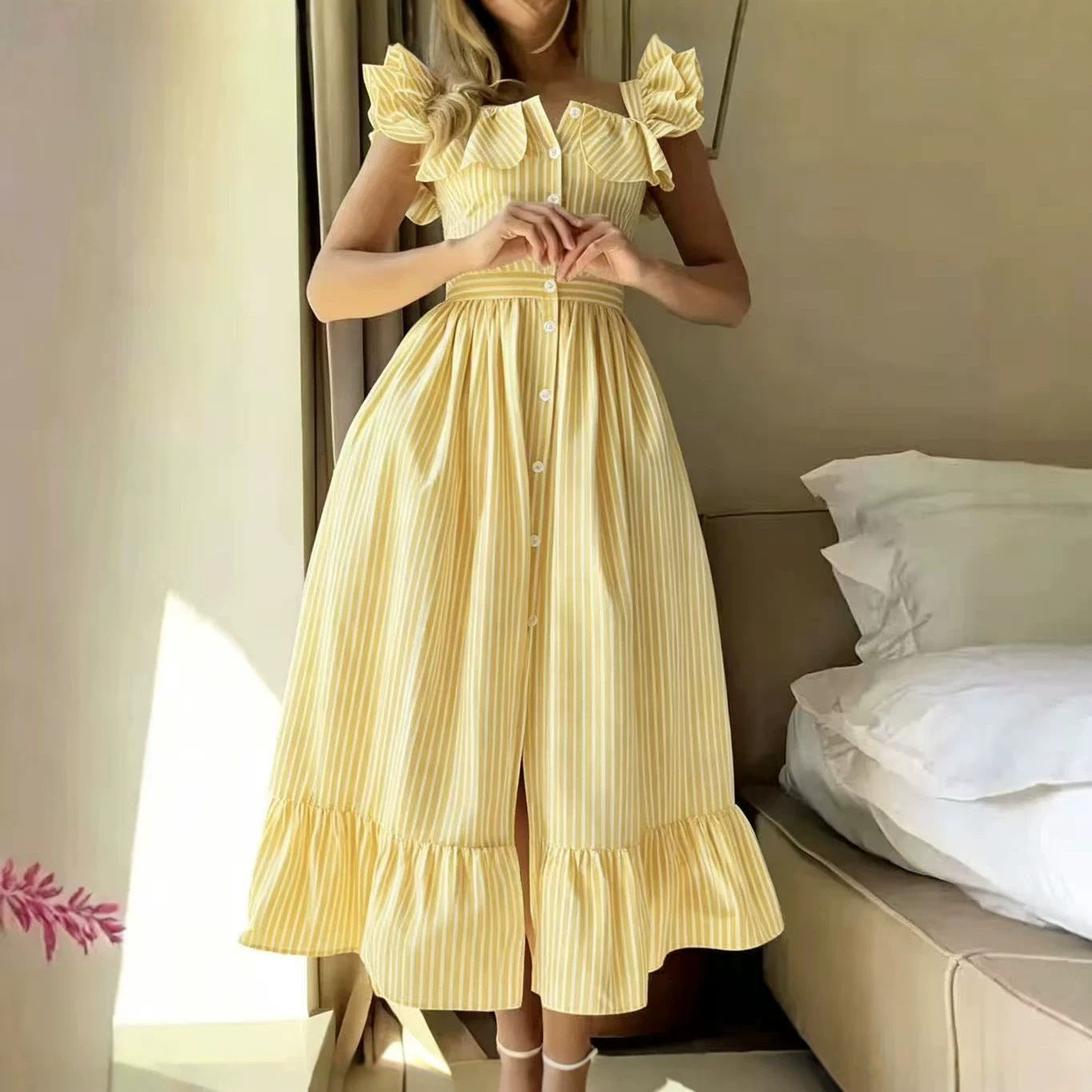 Flying Sleeves Striped Ruffled Long Summer Casual Dress