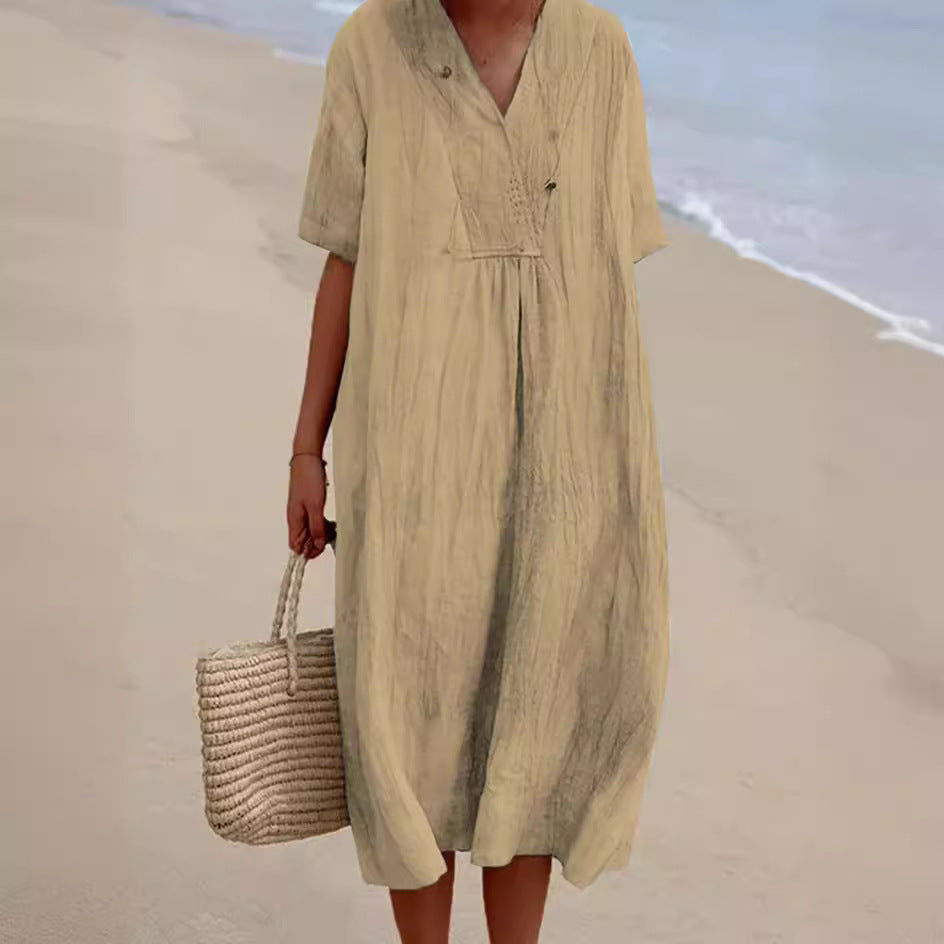 Women's Versatile Casual Solid Color Cotton Linen Dress