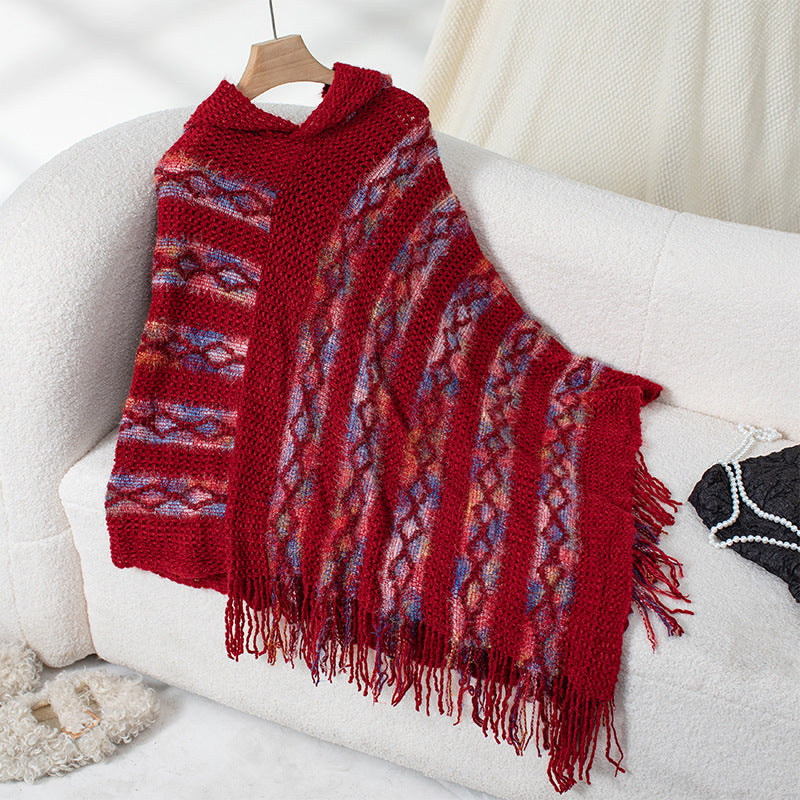 Women's Colorful Striped Hooded Knitted Tassel Cape Shawl Sweaters