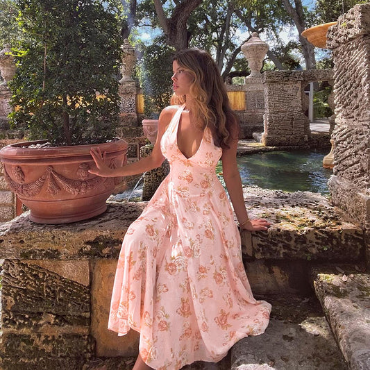 Women's Floral Print Halter A- Line Dress French Dresses