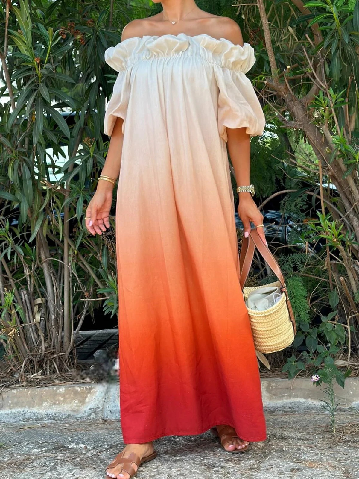 Gradient Backless Lazy Puff Sleeve Loose Dress
