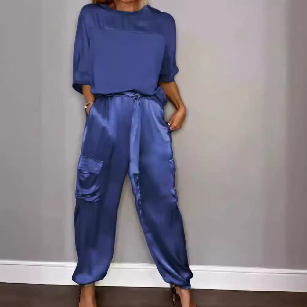 Women's Solid Color Smooth Satin Half Sleeve Shirt Two-piece Fashion Casual Suit