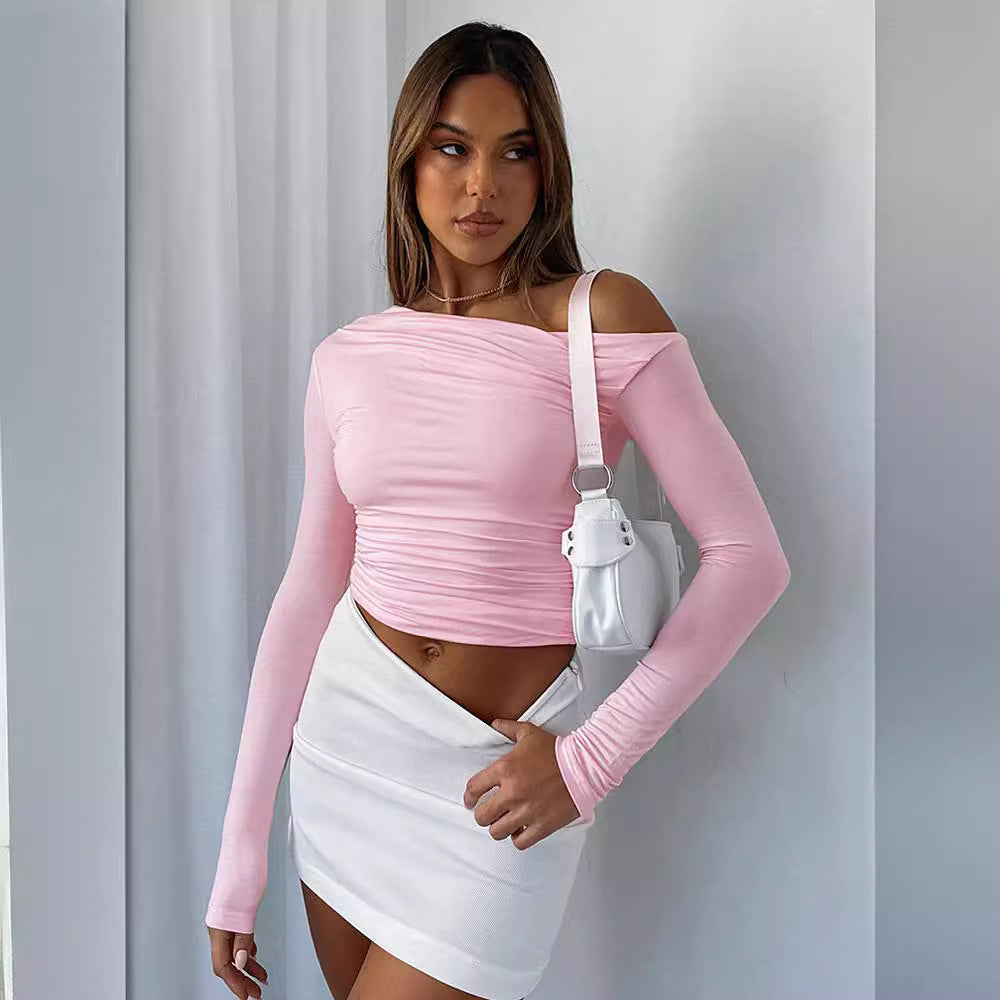 Women's Shoulder Asymmetric Solid Color Long Sleeve Tops