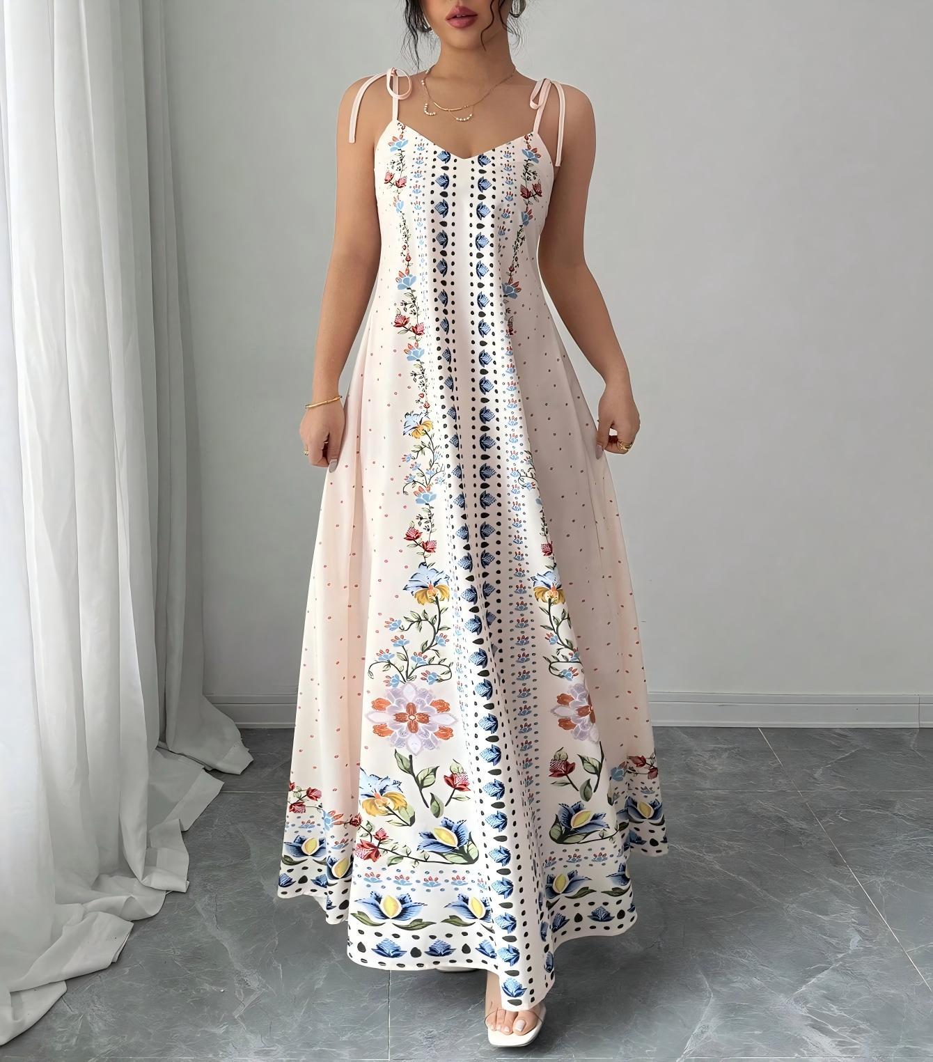 Women's Elegant Beautiful Flowers Print Featured Spaghetti Strap Dress