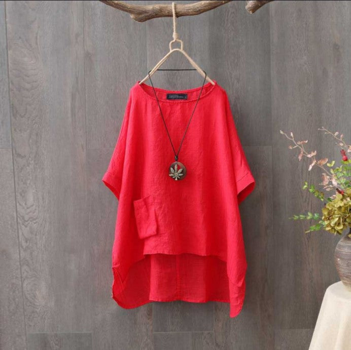 Summer Fashion Round Neck Pocket Solid Blouses