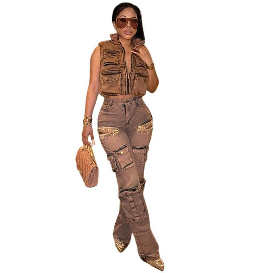 Women's Fashion Retro Tassel Pendant Drill Cargo Jeans