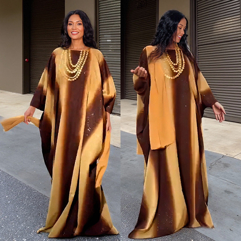 Women's Fashion Printed Satin Muslim Robe Party Dresses