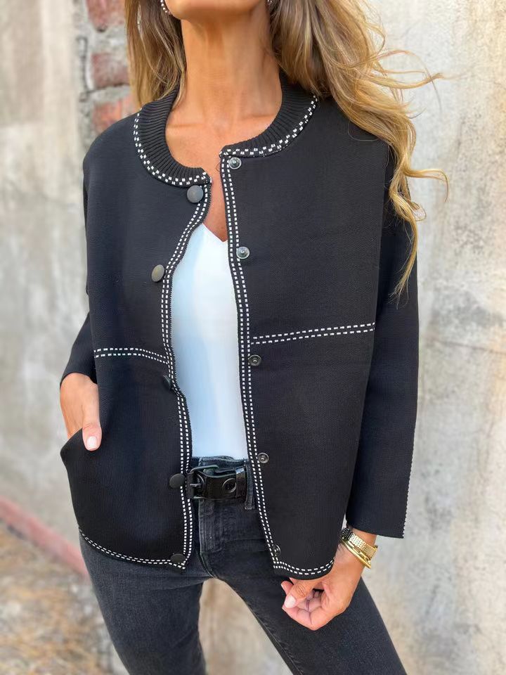 Striped Loose Round Neck Button Long Sweater