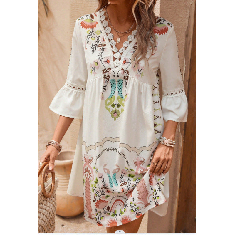 Women's Summer Lace Stitching Casual Printed Dress Dresses